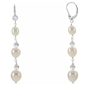 💕 Cultured White Freshwater Pearl & Imitation Cubic Zirconia Earrings